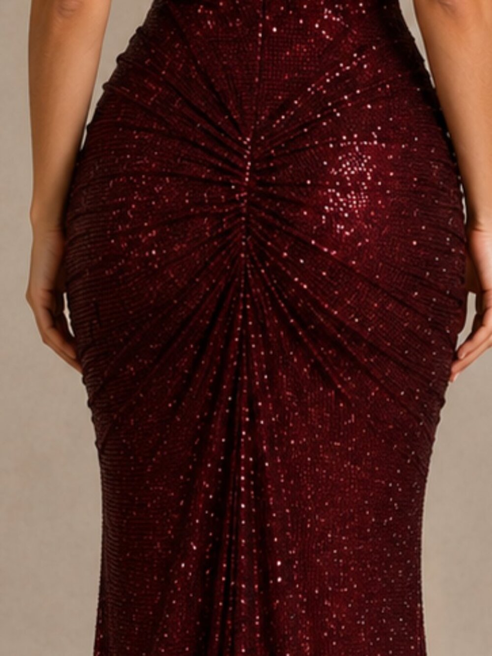 MESHKI Elegant Wine-Red Ruched Backless Evening Dress All Sizes Available - Picture 3 of 7
